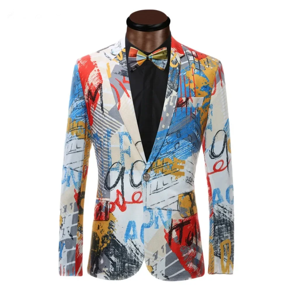 Graffiti Print Casual Suit Coat Tide Male Singer Stage Performance Blazers Host Tuxedo Jacket Stage Costume Euro Plus Size