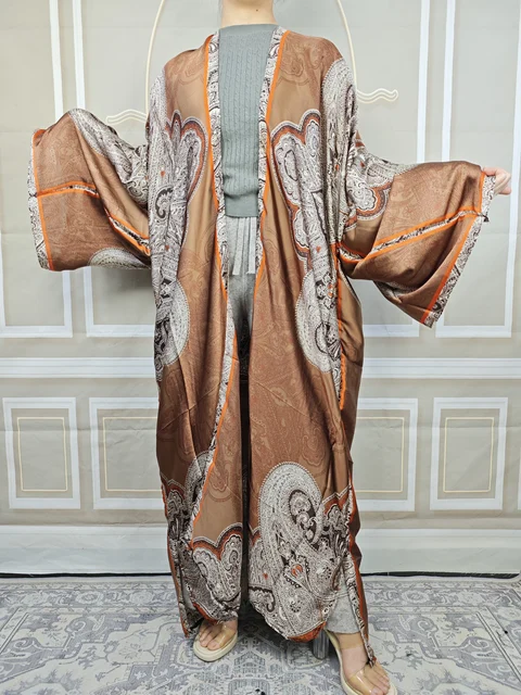 Cárdigans largos holgados florales de seda para mujer verano bohemio
