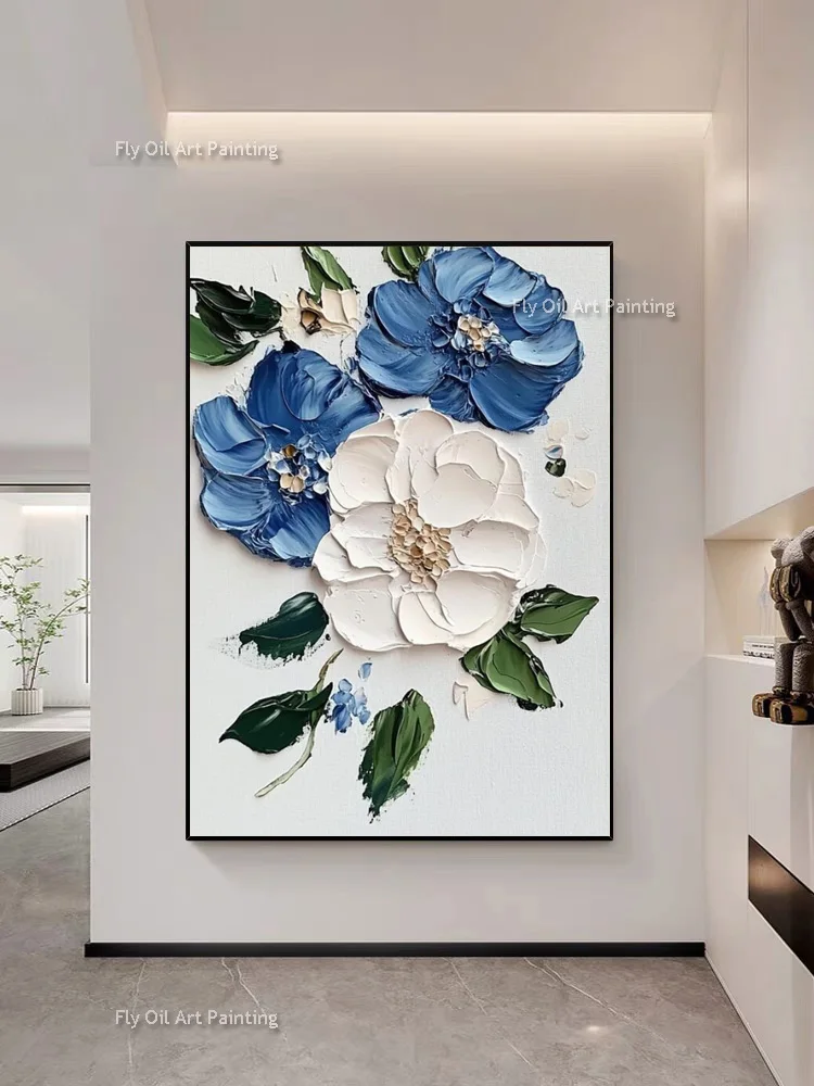 

Красивый синий и белый абстрактный нож, толстая картина маслом, большие белые цветущие цветы, холст, настенное искусство, новый дизайн для декора