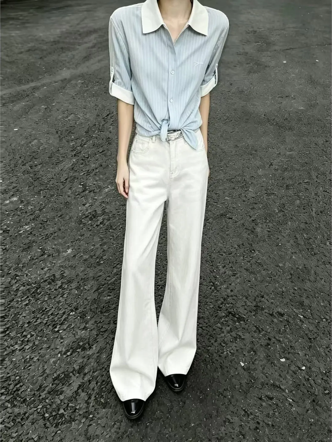 White Washed Slim Wide Leg Men's Jeans Summer American Vintage Pants Drapey Straight Loose Micro Flared Long Trousers