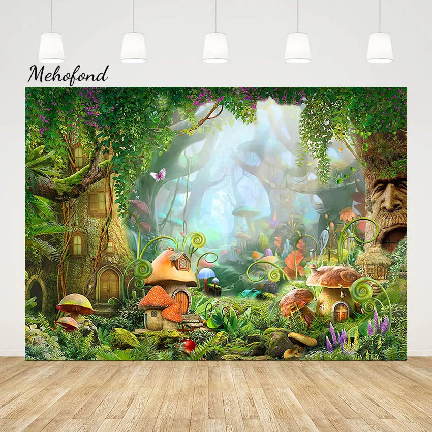 

Mehofond Photo Background Mushroom House Butterfly Wonderland Newborn Birthday Props Spring Trees Photography Backdrop Shooting