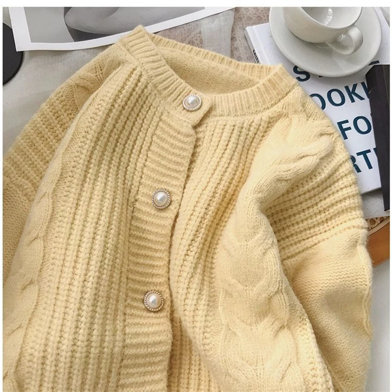 Women Korean Fashion Vintage Chic Beaded Button Thick Knitted Cardigan Autumn Winter Twist Simple Sweet Long Sleeve Sweater Coat