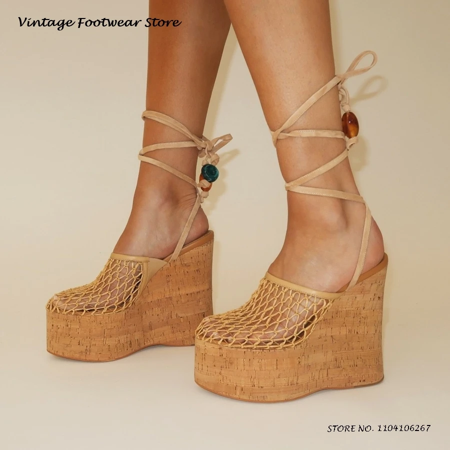 Fishnet Platform Wedge Sandals Bohemian Round Toe Height Increasing Casual Shoes Spring Summer Beads Lace-up Fashion High Heels