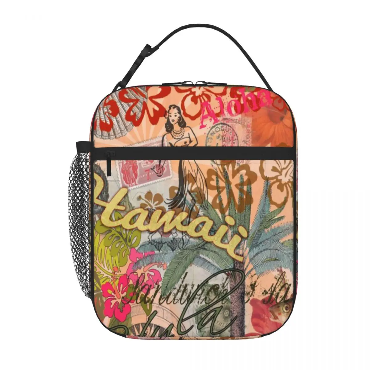 Hot Sale Vintage Hawaii Travel Colorful Hawaiian Tropical Collage Ruffled Adult Lunch Bag Airport Travel Travel Lunch Bag