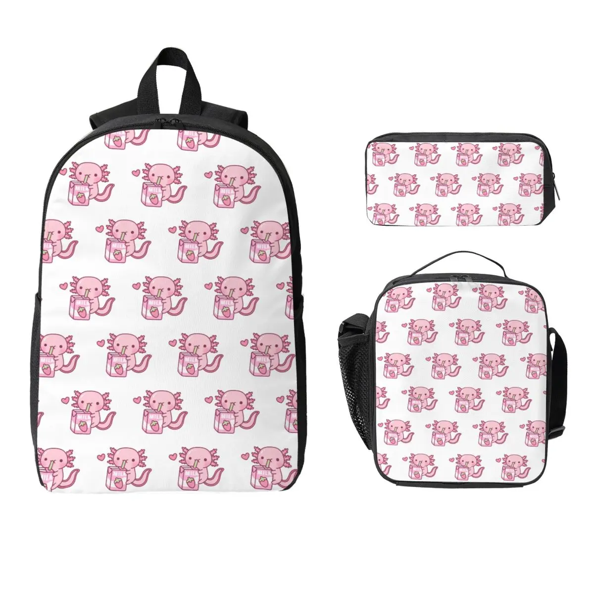 

Cute Axolotl Loves Strawberry Milk Doodle Backpack BookBag School Bag Computer Shoulder Bags 3ps Insulated Lunch Bag Pencil Case