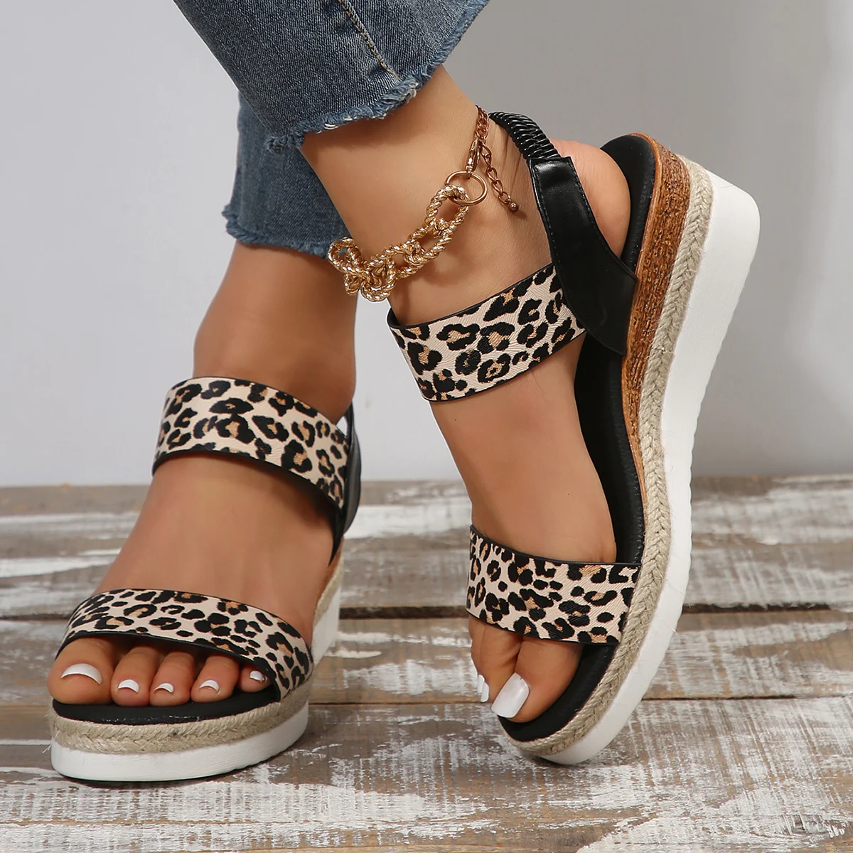 Women\'s Leopard Print Wedge Heel Sandals Summer Light Non Slip Gladiator Shoes Woman Plus Size Fashion Platform Sandalias Mujer