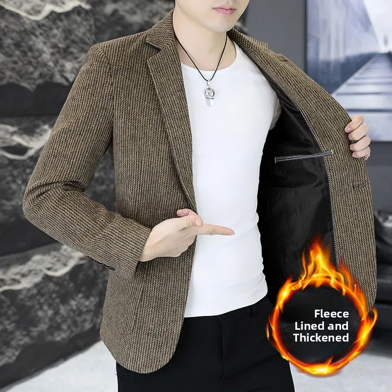 

Men's Thiened Fce Lined Two Button Slim Fit Winter Suit Korean Sle Casual Briti Sle Long Sve Color Coat
