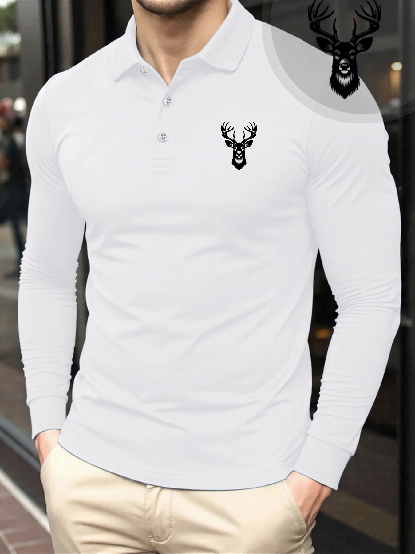 

Deer Head Prints Man Fashion Casual T-Shirt Soft Autumn Golf Shirts Comfortable Collar Long Sleeve All-Match Commute Polo Shirt