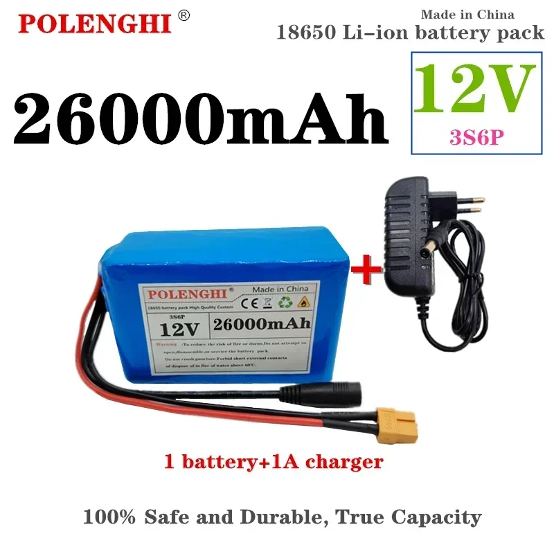 

100% large capacity XT-60 3S6P 12V 18-26Ah 18650lithium-ion rechargeable battery pack, built-in intelligent BMS+12.6V 2A charger