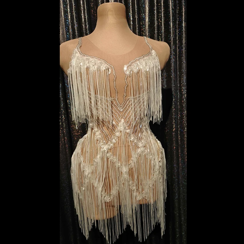 Vestido transparente de malla para mujer, traje Sexy con lentejuelas brillantes, borla blanca, baile latino en barra, ropa para fiesta y club