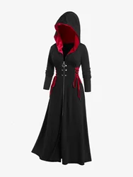 ROSEGAL Plus Size Hooded Lace Up Front Zipper Coat Women Autumn Winter New High Waist Long Maxi Outwears Gothic Colorblock Coats