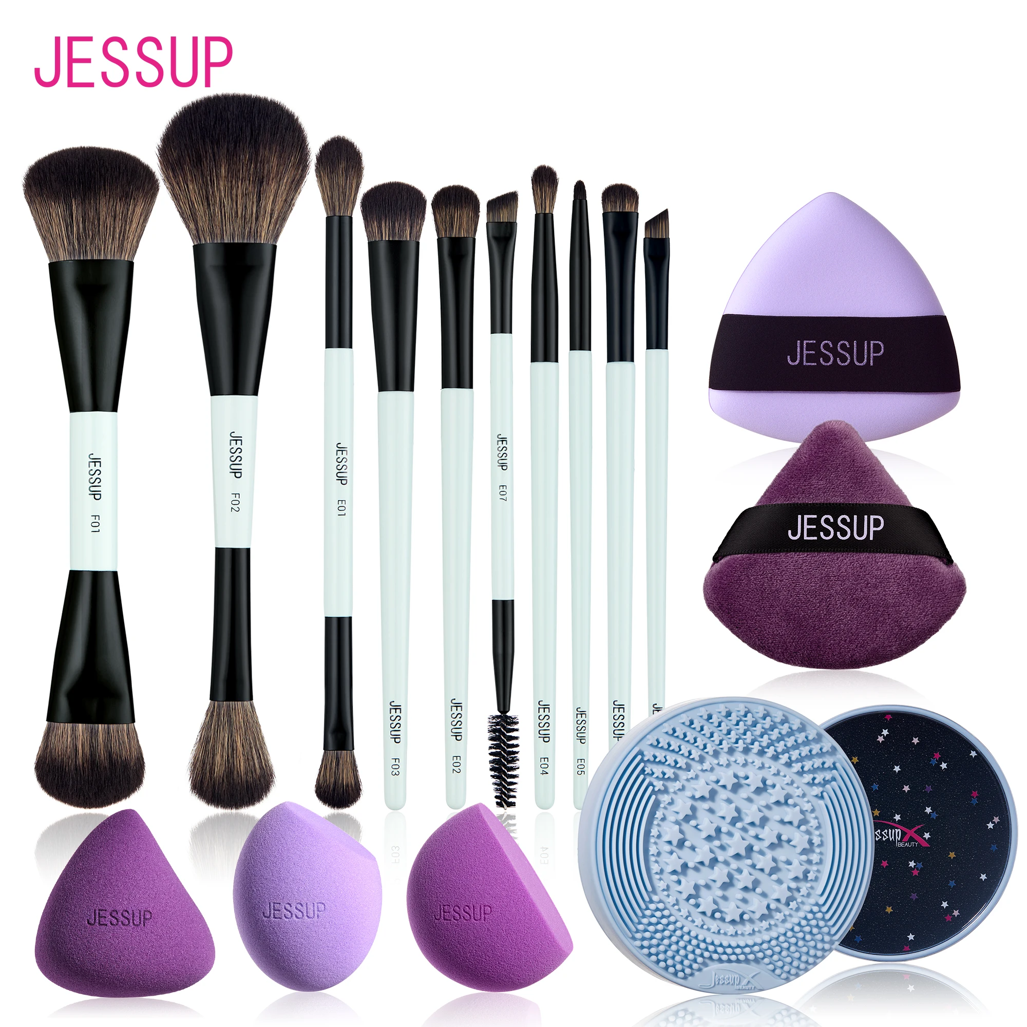 Jessup Makeup Brushes Set With Sponges Puff 4/6/7/10/14/16PCS,Double Sided Foundation Contour Blush Blending Eyeshadow Concealer
