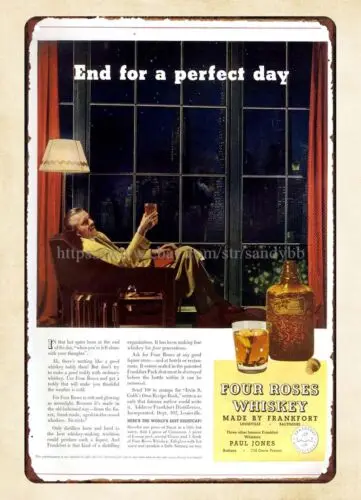 Cartel de chapa de metal para whisky Bourbon de cuatro rosas, final de un día perfecto, 1934