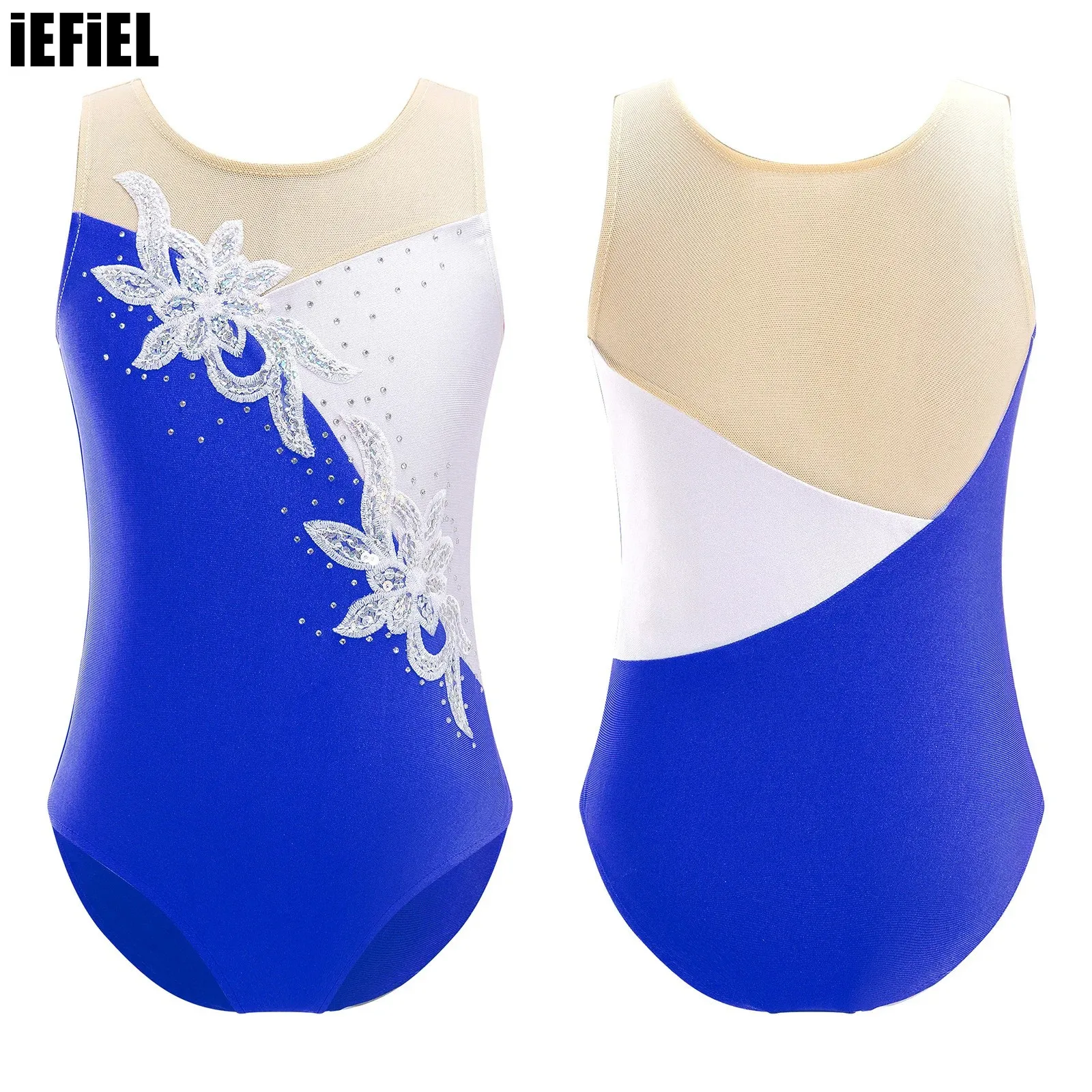 

Kids Girls Patchwork Ballet Dance Leotard Sleeveless Mesh Glittering Sequins Faux Diamonds Adorned Gymnastic Skating Jumpsuit