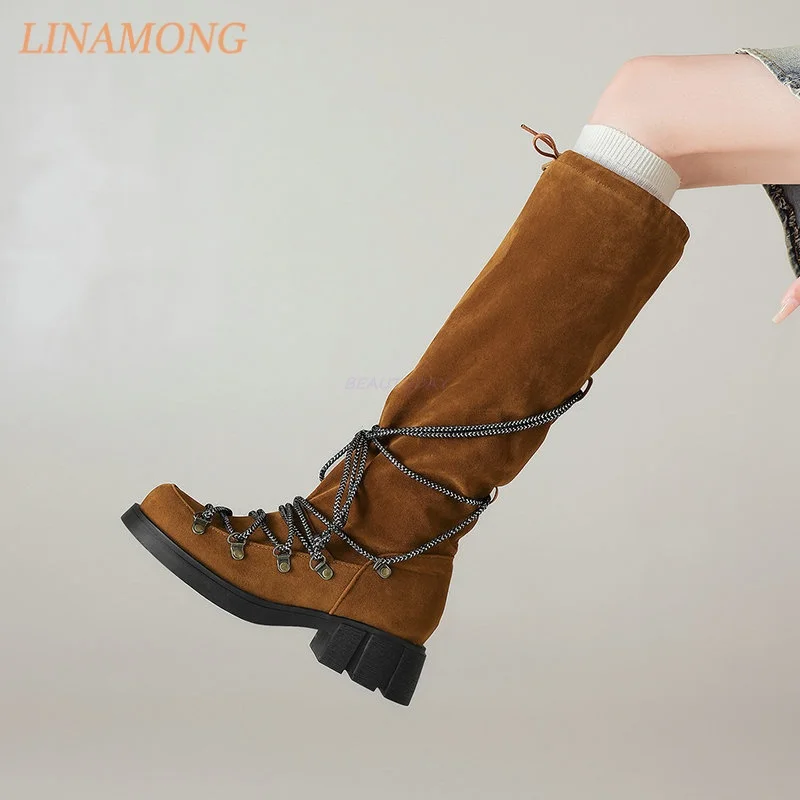 Adjustable Wrap Laces Round Toe Knee High Boots Soft Suede Material Multiple Solid Tone Streetwear Casual Fashion Long Boots