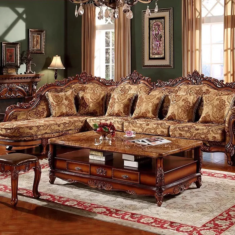 European fabric solid wood sofa removable and washable corner living room combination L size apartment pastoral European villa