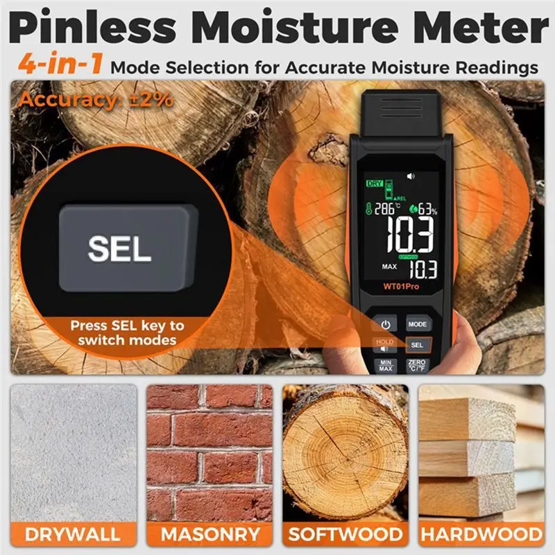 WCS-For Lumber Concrete Moisture Meter 2IN1 Pinless& Pin 0-99.9% Humidity Tester Timber Damp Detector