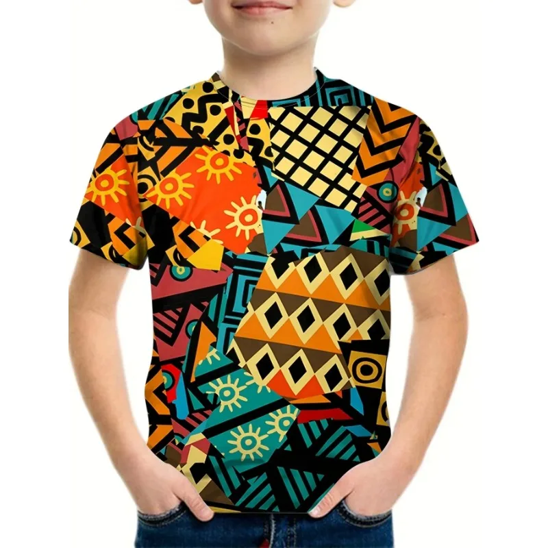 T-shirt de manga curta para menino e menina, estilo étnico africano, desenhos animados, harajuku, moda verão