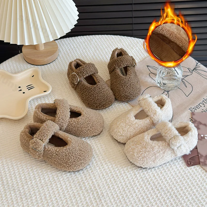 

Girls' Solid Warm Fluffy Shallow Mouth Single Shoes 2025 Winter Fashion Versatile Plush Comfortable Anti Slip Cotton Flat Shoes
