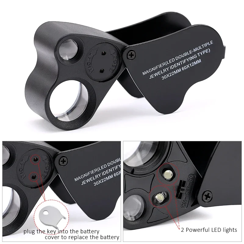 SMI 30X 60X عدسة مكبرة للمجوهرات المضيئة، عدسة مكبرة مجوهرات قابلة للطي مع ضوء LED ساطع للأحجار الكريمة والمجوهرات والعملات المعدنية