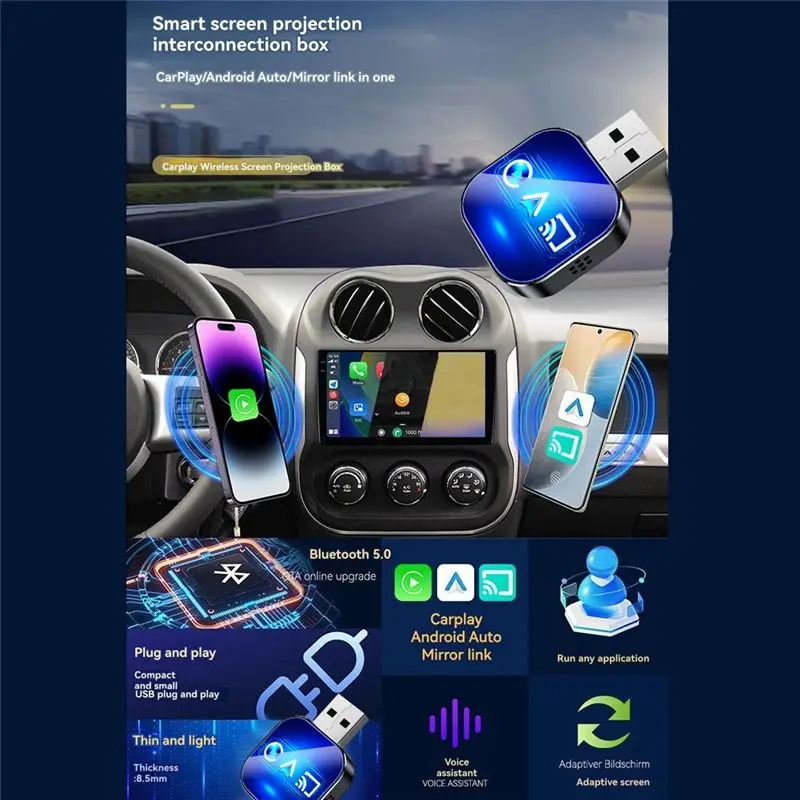 DT21 Wired to Wireless Carplay 3in1 Mirror Link Android Auto USB Dongle Adapter Smart AI Box for Car