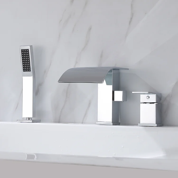 

Durable Chrome Square Handle Ware Deck Mounted Brass Basin Mixer Bathroom Basin Faucet Bathtub Shower Set