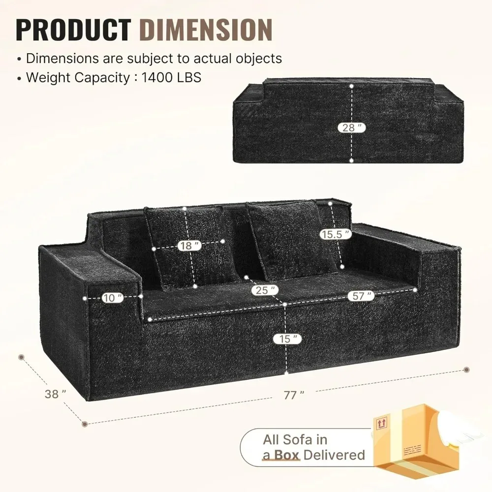 أريكة بمقعدين سحابي حديث منجد من الشنيل مقاس 77 بوصة، لا تتطلب تجميع أرائك ذات مقعد عميق تتضمن وسادتين للعيش R #2