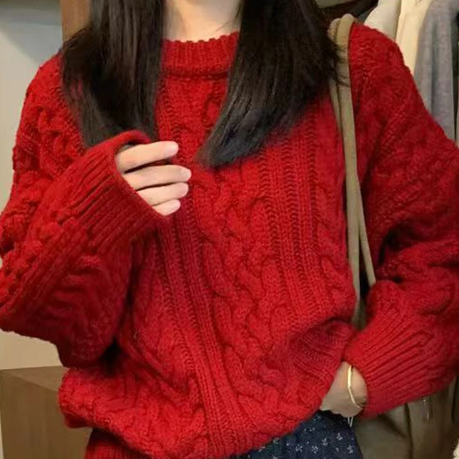 เสื้อไหมพรมถักทรงหลวม แขนยาว ผ้าผสมขนสัตว์และฝ้าย สวมใส่สบาย เหมาะสำหรับฤดูหนาว