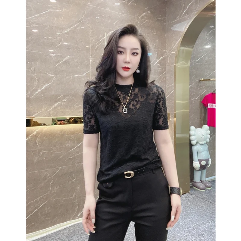 

Женская модная летняя базовая футболка Slim Fit из ледяного шелка с круглым вырезом, коротким рукавом и кружевными вставками