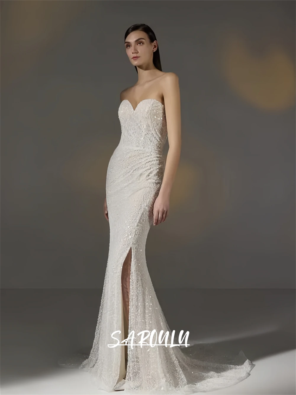 

Delicate Shiny Mermaid Wedding Dress for Women 2025, Strapless Sheath Long Bride Dresses with Side Slit, Beading Lace Brial Gown