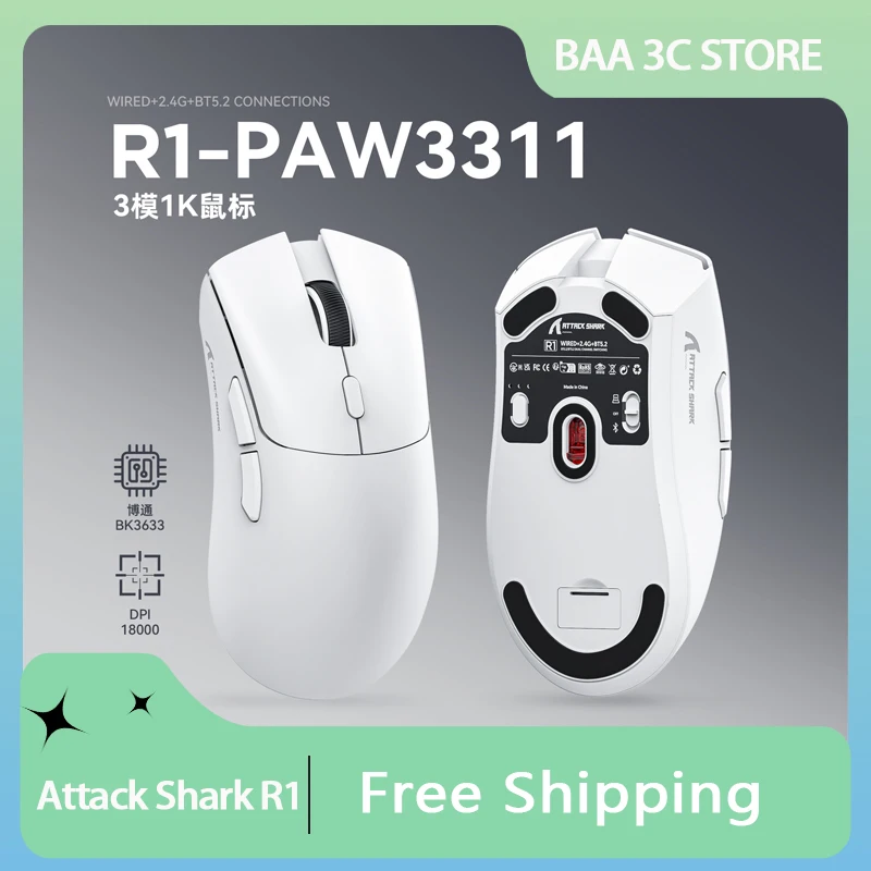 

Attack Shark R1 Superlight Bluetooth Mouse,18000dpi,PAW3311,Tri-mode Wireless Bluetooth Connection, Ergonomic,Macro Gaming Mouse