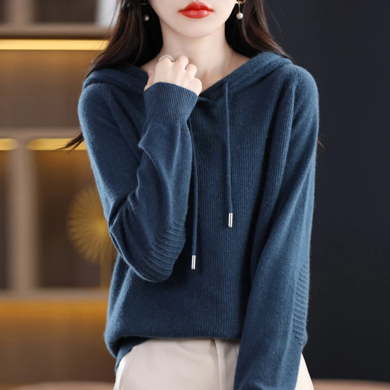 Knitted Hooded Wool Women\'s Short Style 2022 Autumn And Winter New Large Drawstring Long Sleeved Westernized Sweater Base Coat