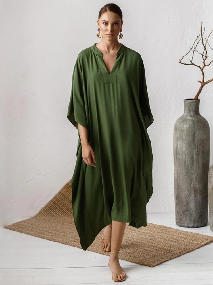 Swimsuit Cover Up Women Kaftan Beach Tunic Solid V Neck Elegant Summer Long Dress Loose Beachwear Bathing Suit Swimwear