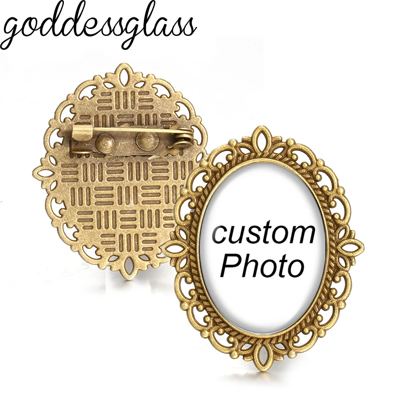 Personalize Custom Vintage Hollow Oval Brooch Photo Logo Silver Plated/Bronze For Family Anniversary Collar 18x25mm Oval Pins