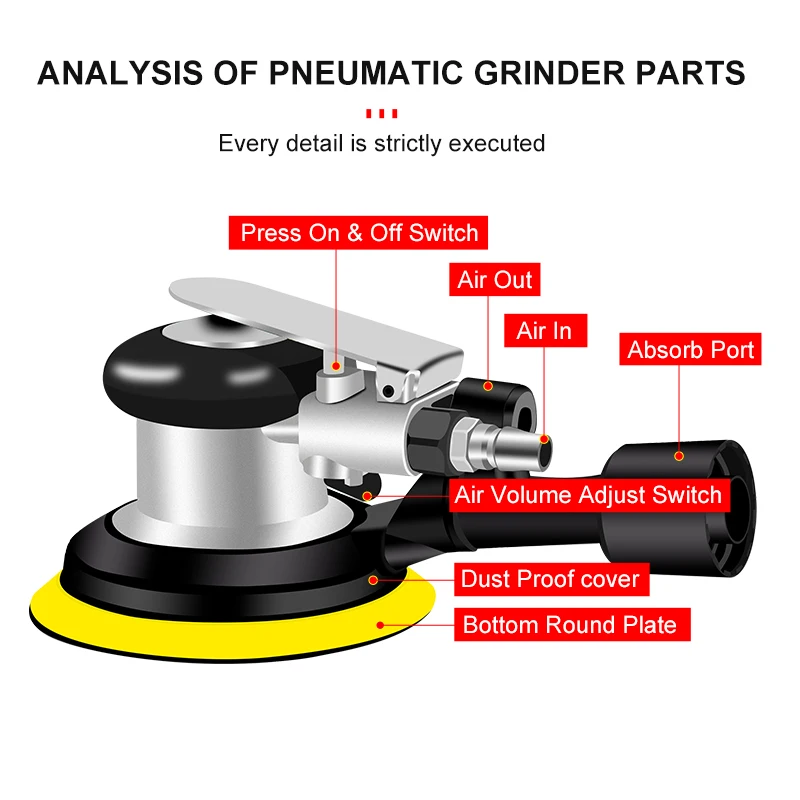 5 Inch Pneumatic Sander Self-Pumping Pneumatic Sander Wood Metal Polishing Waxing Machine Round Sandpaper Polishing Machine