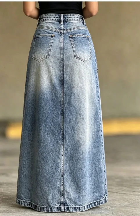STYLISH LADY Vintage Acid Wash Denim Long Skirt 2026 Women High Waist Front Slit Irregular Overlap Patchwork Maxi Jean Skirt - view 3