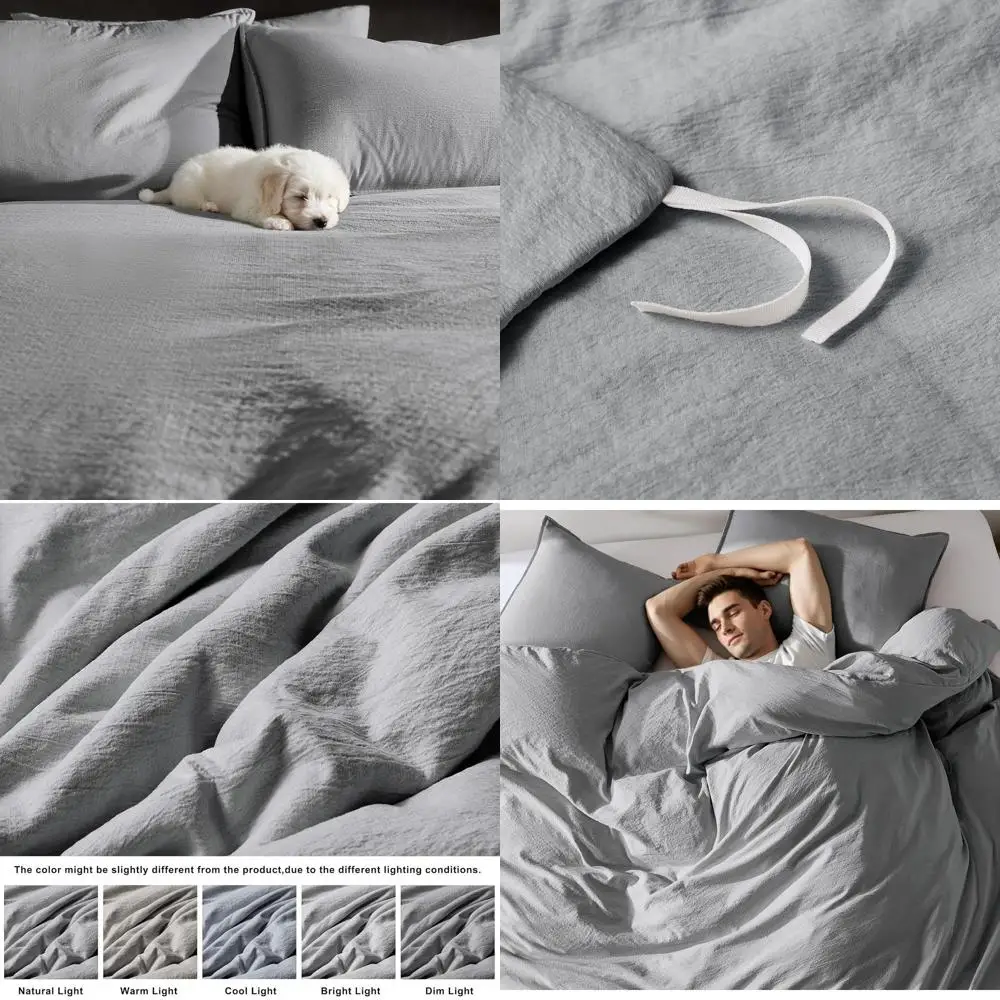 

Серый комплект пододеяльников размера «queen-size» с застежкой-молнией, постельное белье в полоску Ern Washed Sot, текстурированное хлопковое белье Seersucker, 1 Du