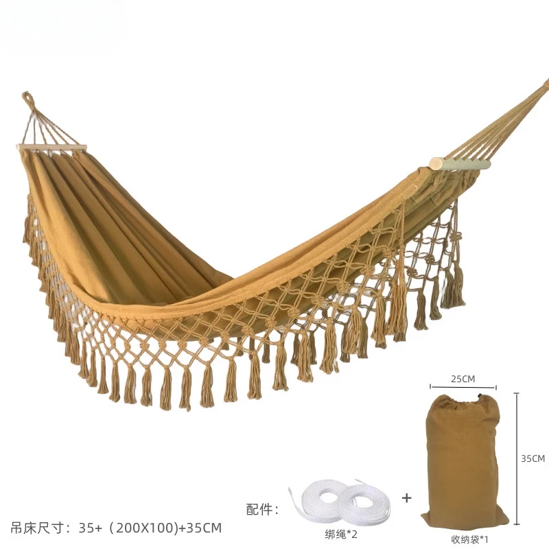 

Outdoor camping Indoor leisure swing Exotic wind fringed hammock Wooden stick camping hammock