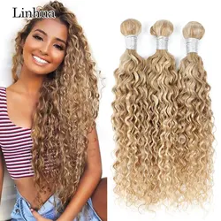 Linhua-Bundles de cheveux humains bouclés Water Wave, Double tissage, Trame, Highlight Blonde, Fabriqué à la machine, 8 à 30 po, P27, 613