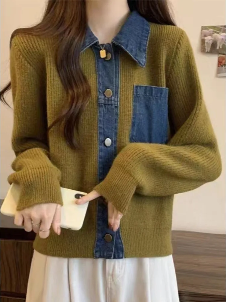 Patchwork Denim Knitted Cardigan Women Polo Collar Sweater Cardigan Female Long Sleeved Knitted Loose Cardigan Autumn Winter