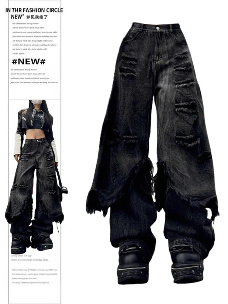 Women Tomboy Dark Academia Abi Harajuku Fashion Baggy Jeans Grunge Japanese Y2K Streetwear Damage Denim Pants 2000s Cyber Punk