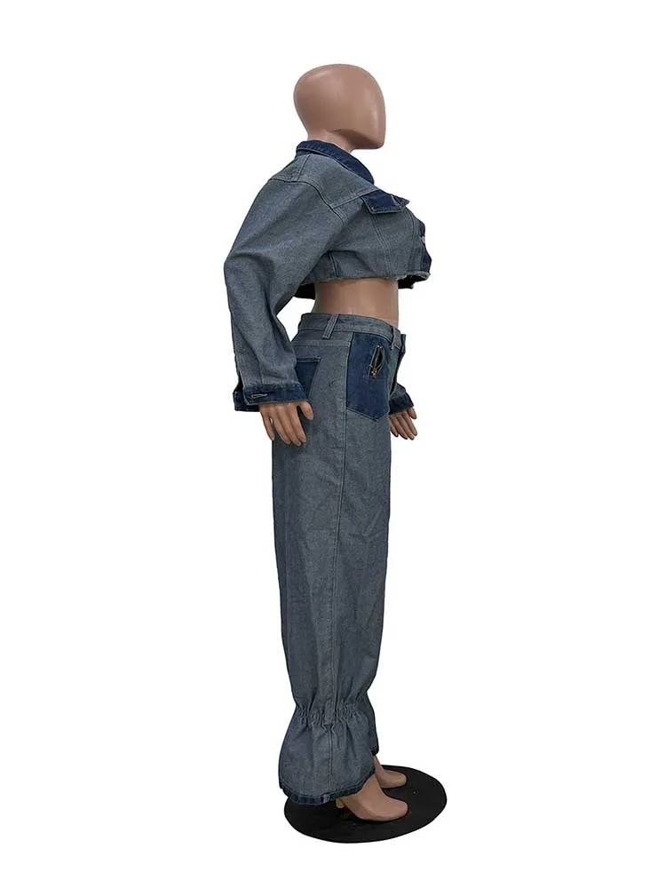 2 Piece Matching Set Spring Streetwear Button Top and Jeans Female Sexy Denim Pant Suits for Ladies wholesale Dropshipping