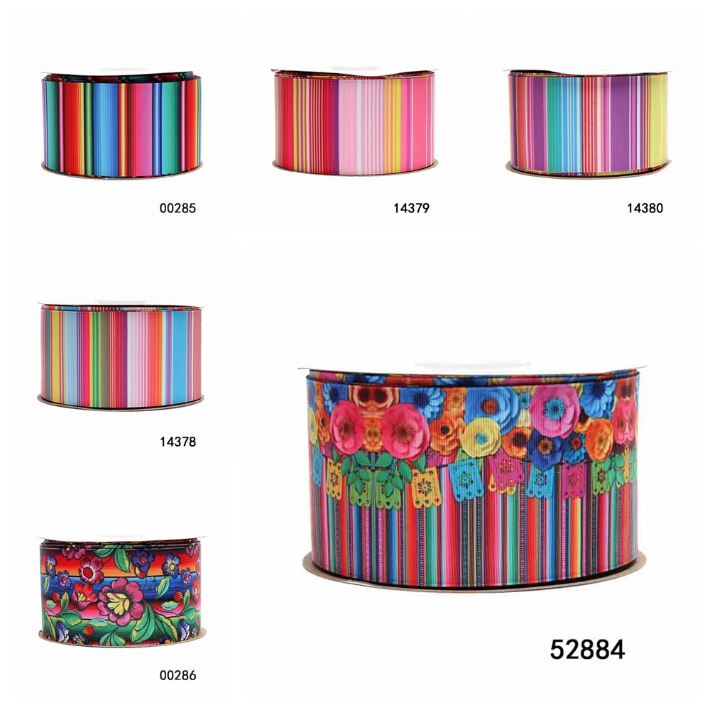 

5Yards Mexican Ribbon Printed Rainbow Stripe Flower Grosgrain Ribbon for Hairbows DIY Sewing Materials