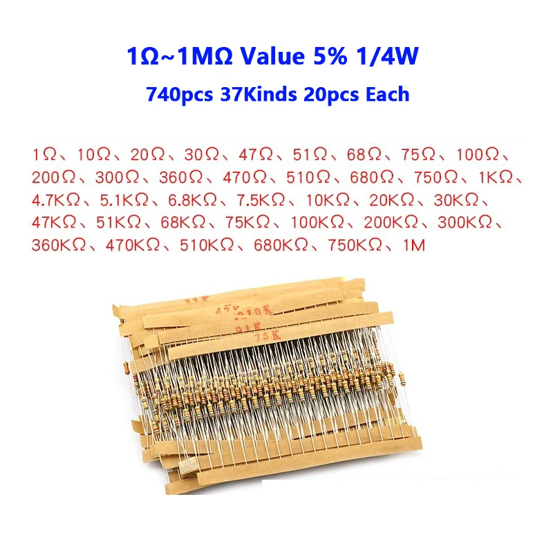 740pcs 37 Kinds 10Ω~1MΩ Value 5% 1/4W Carbon Film Resistor Assorted Kit 20pcs Each Value with samples pack