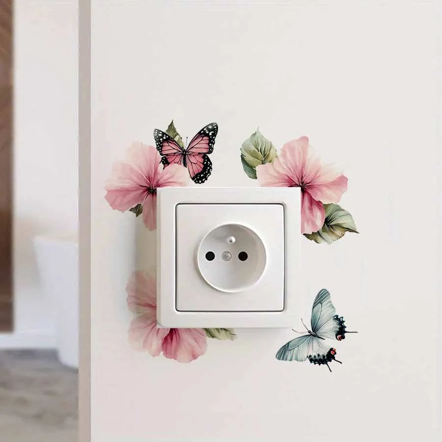 Watercolor Flower Switch Sticker Self-Adhesive Outlet Cover Wall Decal Artistic Butterfly Design for Home Bedroom Decor