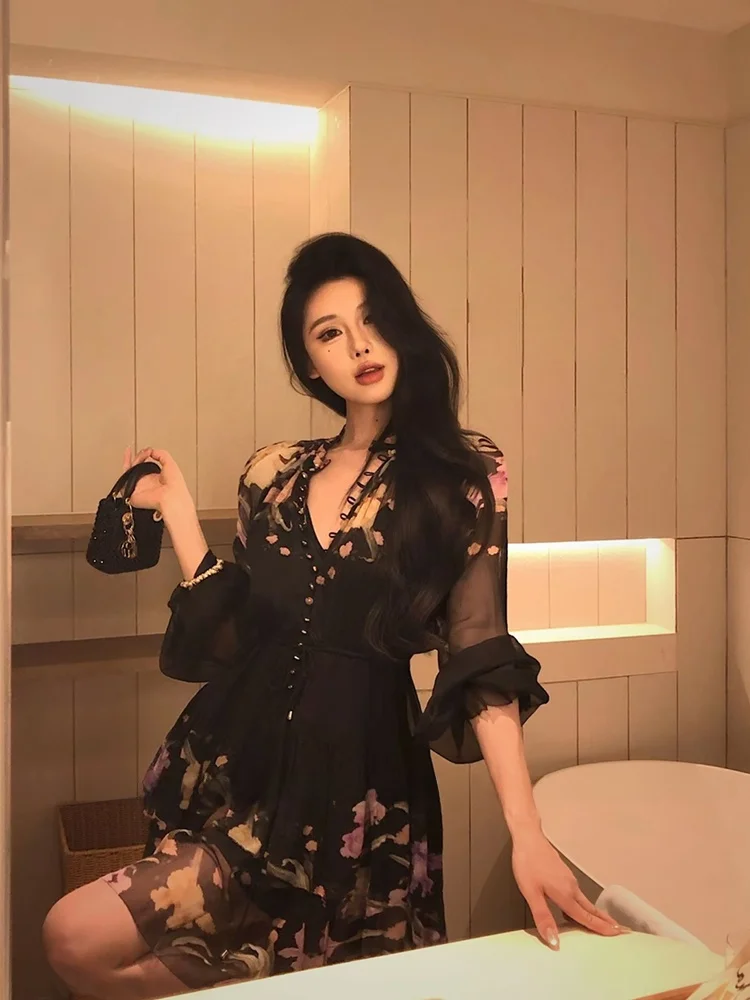 

Romantic Floral Print Dress V-Neck Waist-Cinching Vacation Wear Women's plus Size Elegant Summer A-Line Gown by Youmeizi