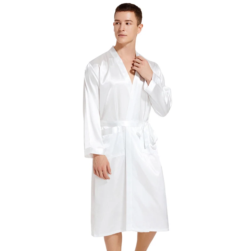 Wholesale Men\'s V Neck Solid Satin White Robe Kimono Long Bathrobe Pajamas Nightgown Lightweight Sleepwear for Wedding Party