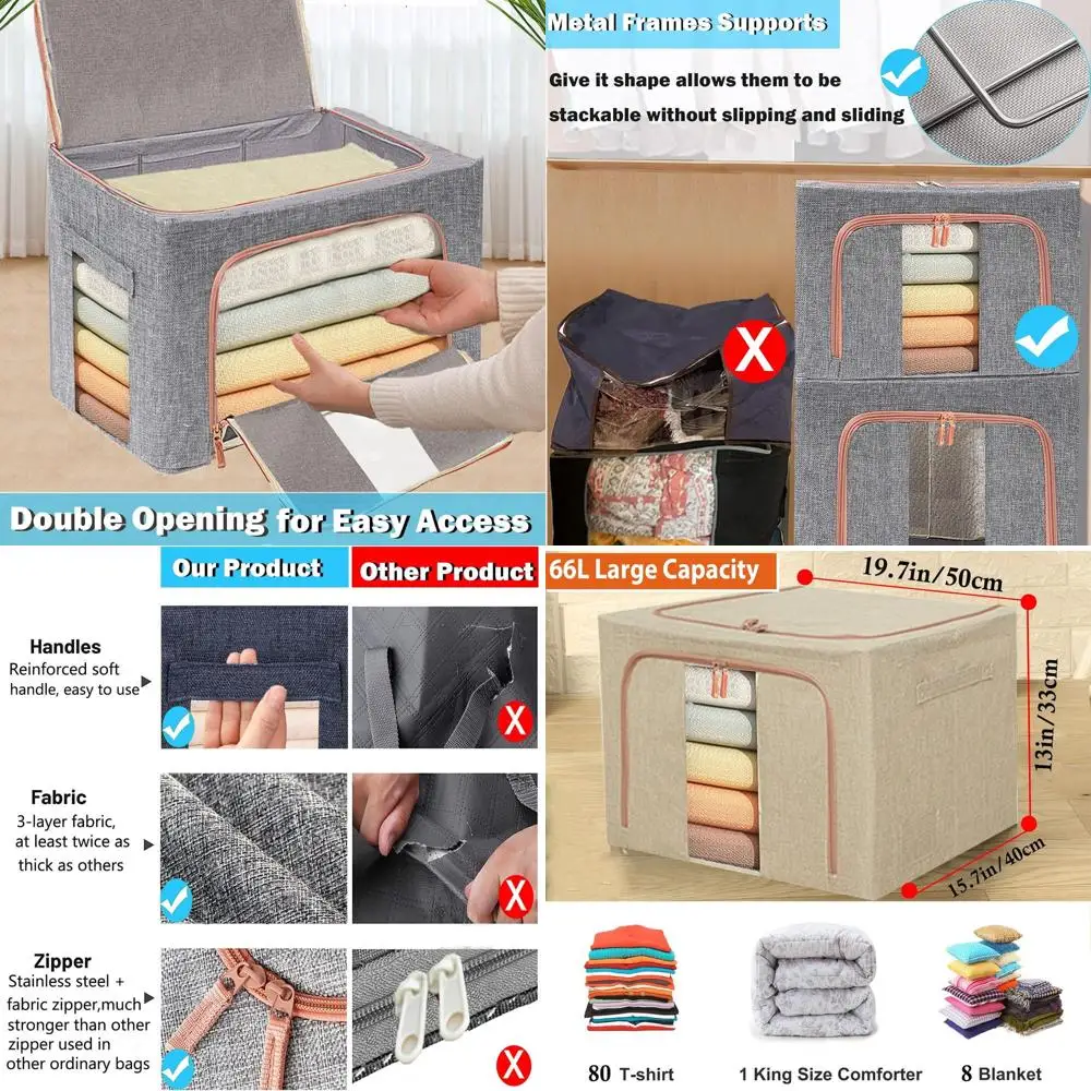 

Stackable 66L Clear Storage Bins with Metal Frame, Foldable Organizers for Seasonal Clothing and Bedding (3-Pack)
