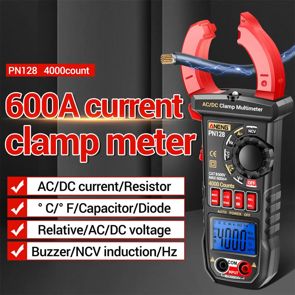 PN128 Clamp Meter AC/DC Voltage Tester 600A Current Clamp NCV True Rms Multimeter 4000 Counts Clamp  Manual/Automatic Range