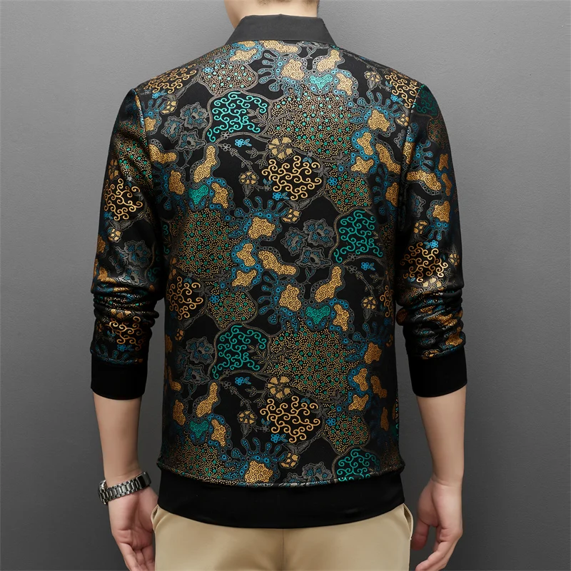 Vintage Casual Leopard Print Elastic Long Sleeve Polo Shirts Men Winter Quality Velvet Thick Warm Fashion Luxury Camisetas M-4XL